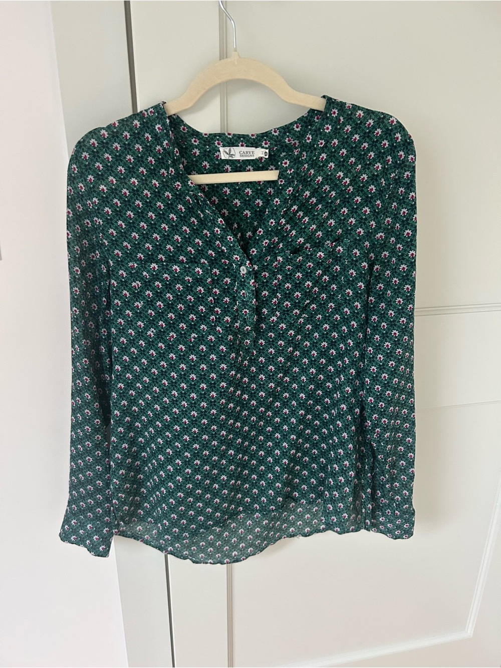 Carve Designs Green Floral Henley Blouse